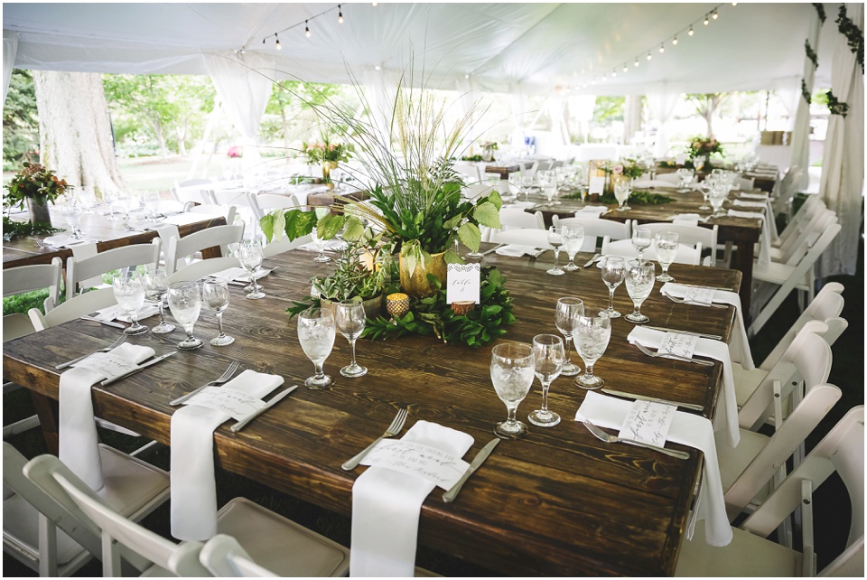 garden wedding photos, Wooden table and green foliage centerpieces at Central Illinois wedding