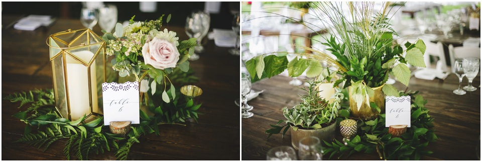 garden wedding photos, Wooden table and green foliage centerpieces at Central Illinois wedding