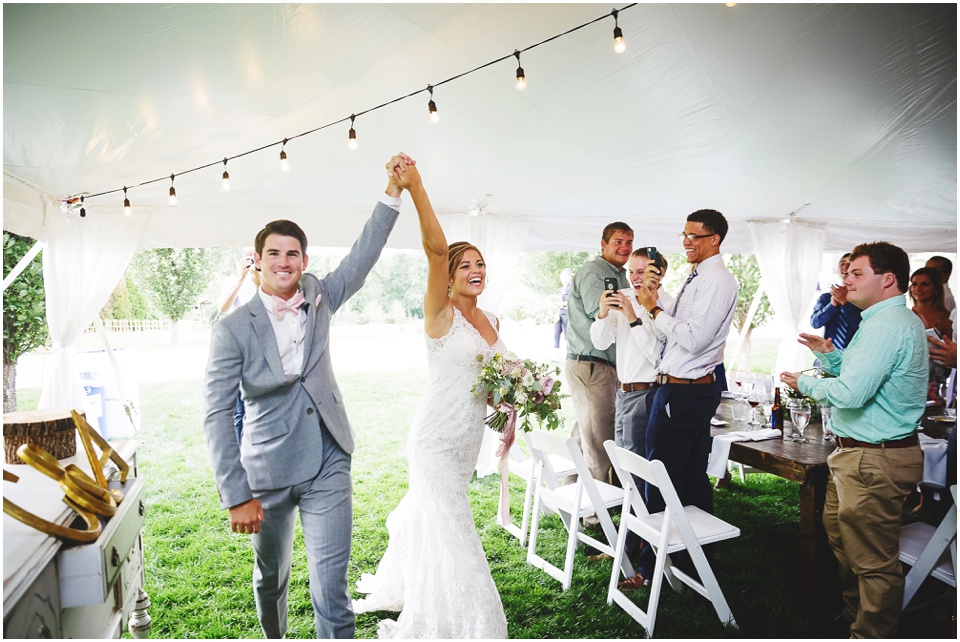 garden wedding photos, Bride and groom announced into reception at Central Illinois wedding