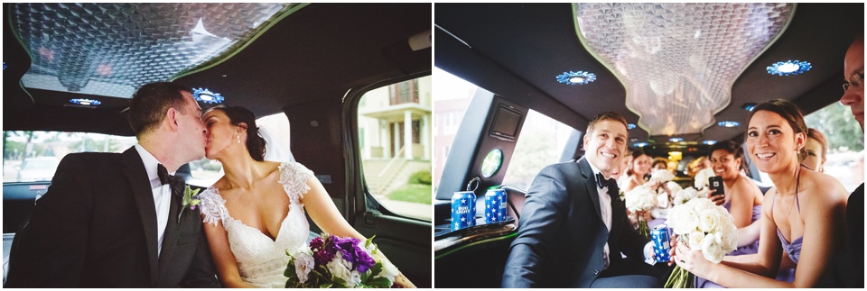 Bride and groom kiss in limo