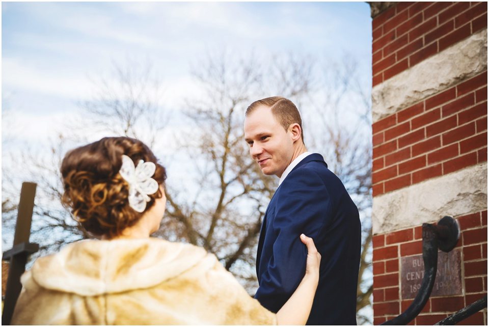 rustic winter wedding photography, First Look at Winter Church Wedding in Central Illinois by Rachael Schirano