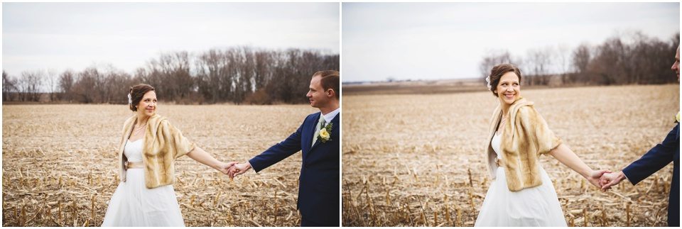 rustic winter wedding photography, Bride Groom Portraits in open field at Winter Wedding in Central Illinois by Rachael Schirano