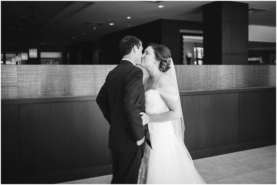 central illinois wedding photographer, Bride and groom first look on wedding day at Bloomington Illinois Hotel