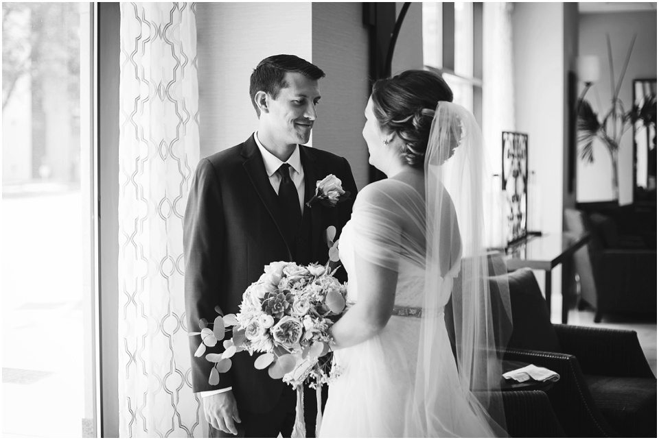 central illinois wedding photographer, Bride and groom first look on wedding day at Bloomington Illinois Hotel