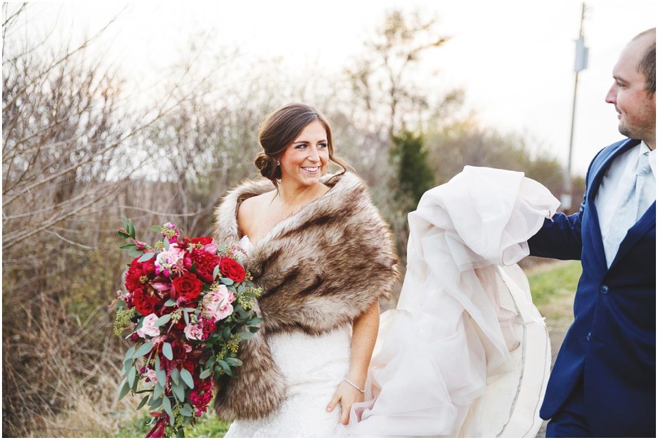 Central Illinois red, white, and blue country farm winter wedding bride and groom portraits