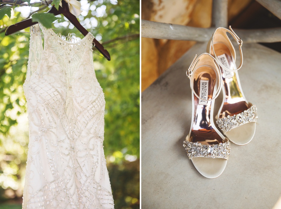 rustic Illinois summer wedding, Wedding dress and shoes in greenery details