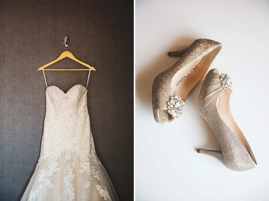 white bridal gown and champagne wedding shoes