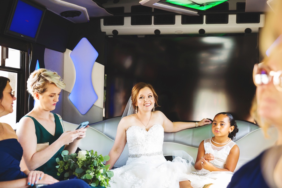 Springfield Illinois Wedding Photographer, bridal party on wedding bus