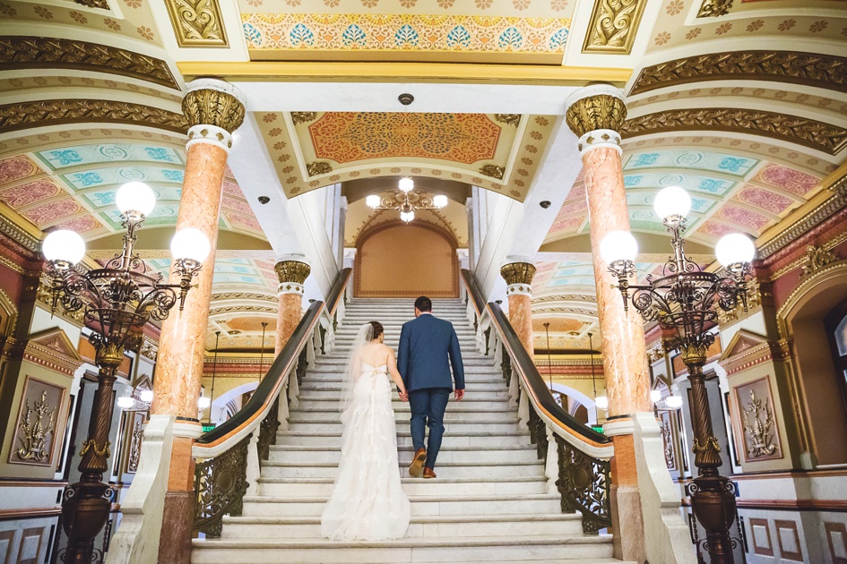Springfield Illinois Wedding Photographer, bride groom portraits on grand staircase, central Illinois