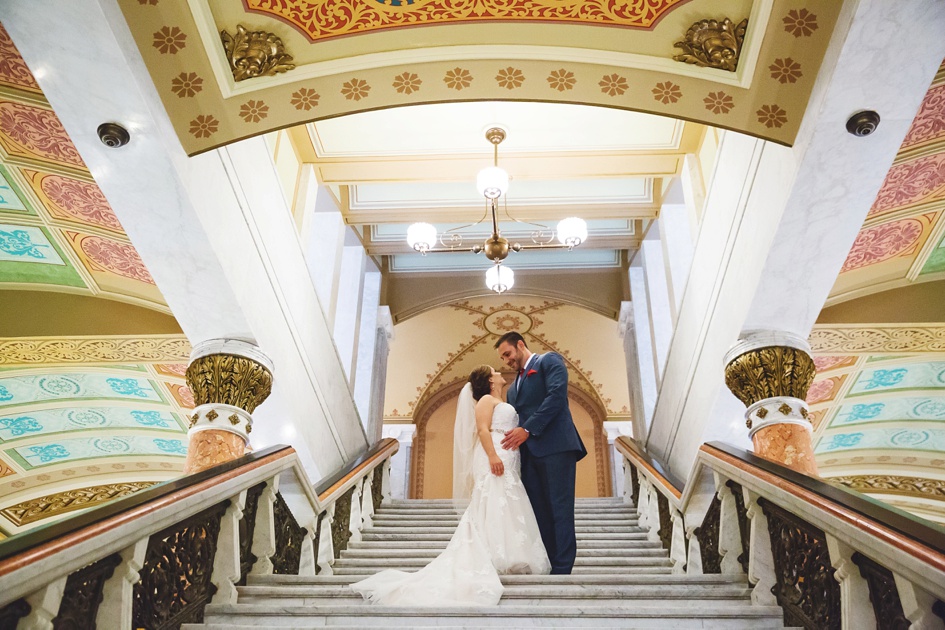 Springfield Illinois Wedding Photographer, bride groom portraits on grand staircase, central Illinois