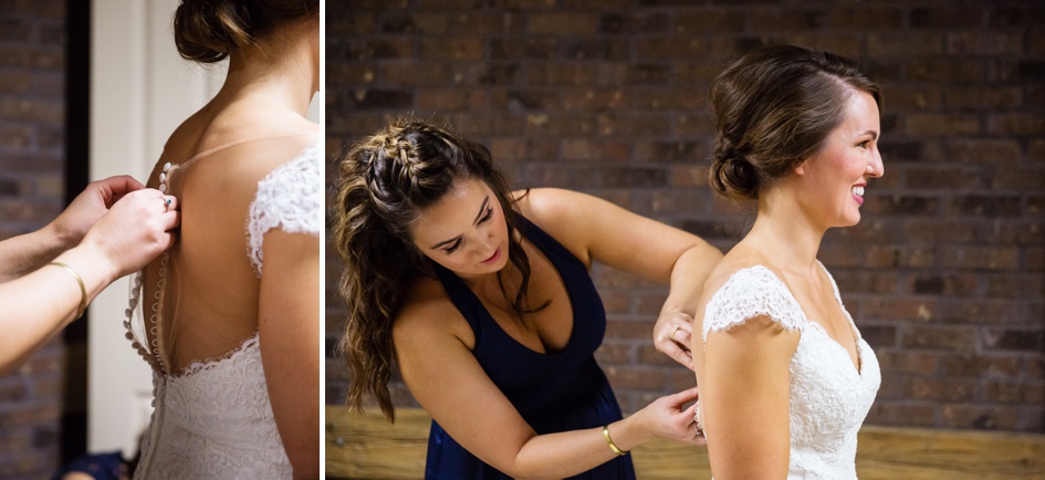 outdoor Illinois wedding photography, bride getting into dress on wedding day