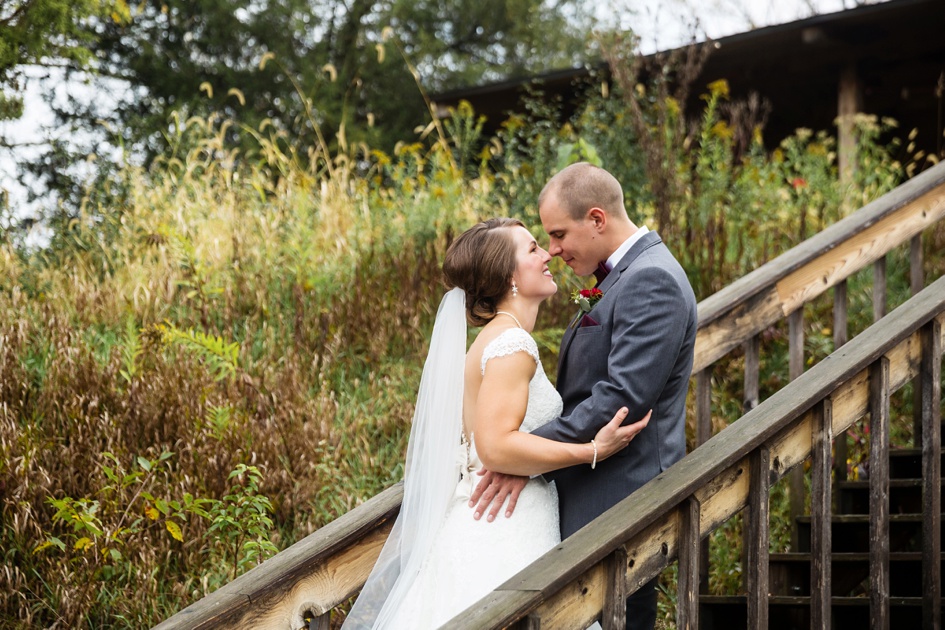 outdoor Illinois wedding photography, bride and groom wedding portraits at lake, central illinois