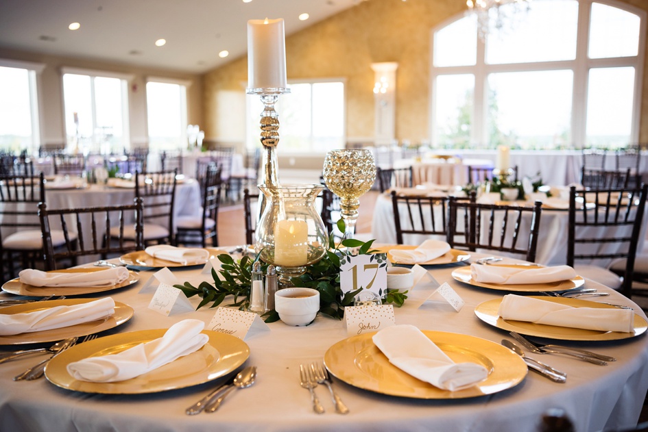 Peoria Illinois Wedding Photography, gold and green wedding reception details, central illinois