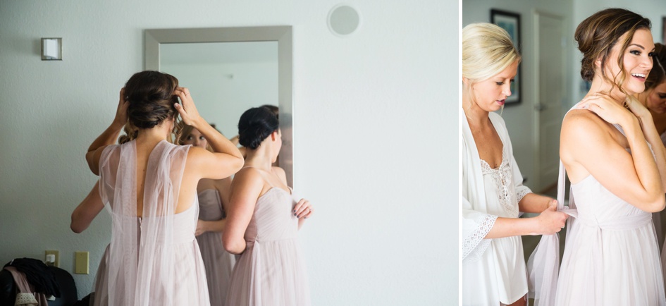 Bridesmaids in lavender robes getting ready