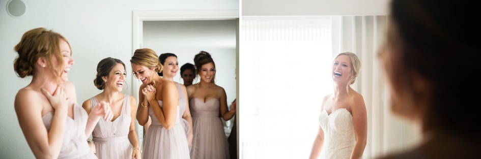 brides smile as they see bride for the first time