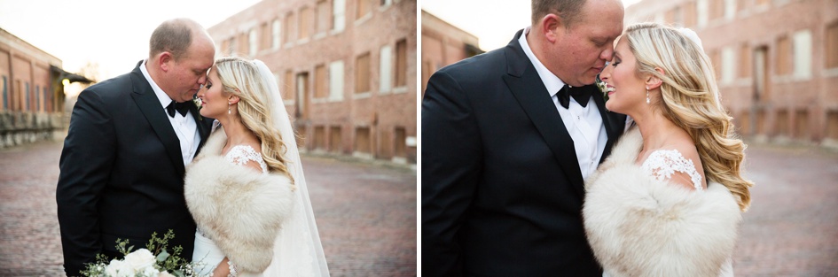 black and blush color industrial winter bride and groom photos