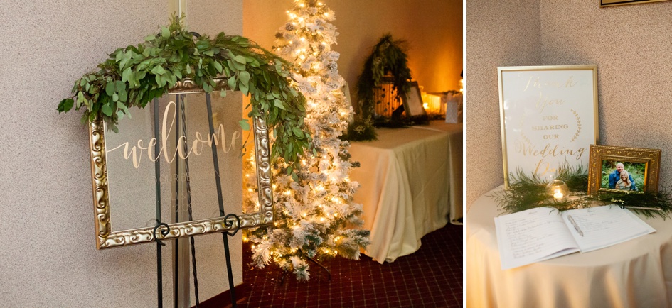 christmas themed gold and green wedding reception