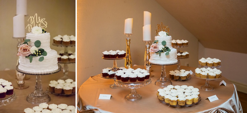 christmas themed gold and green wedding reception cake table