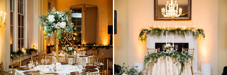 christmas themed gold and green wedding reception