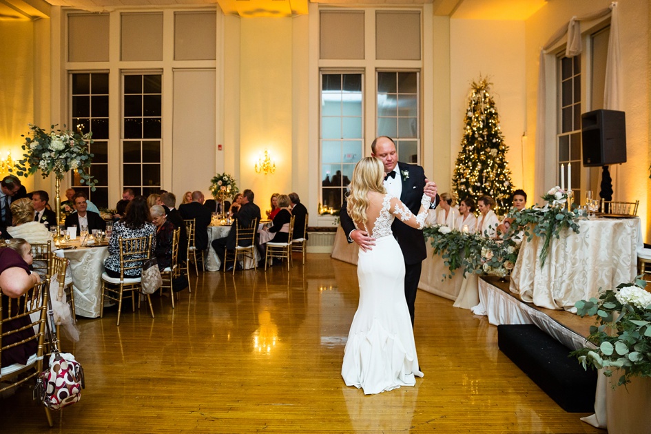 christmas themed gold and green wedding reception first dance