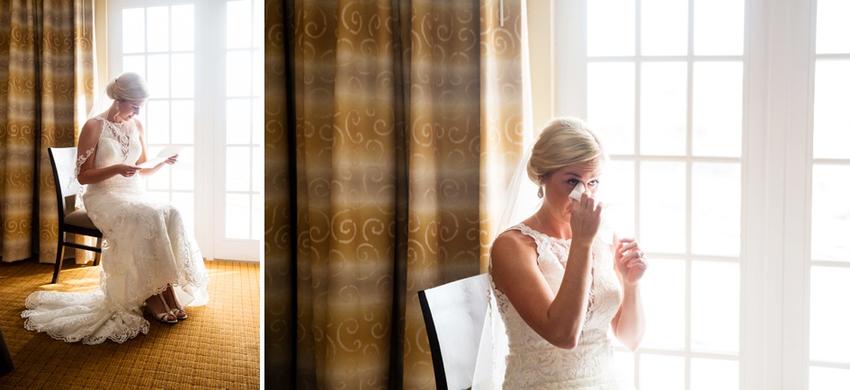 bride reading wedding day letter and crying