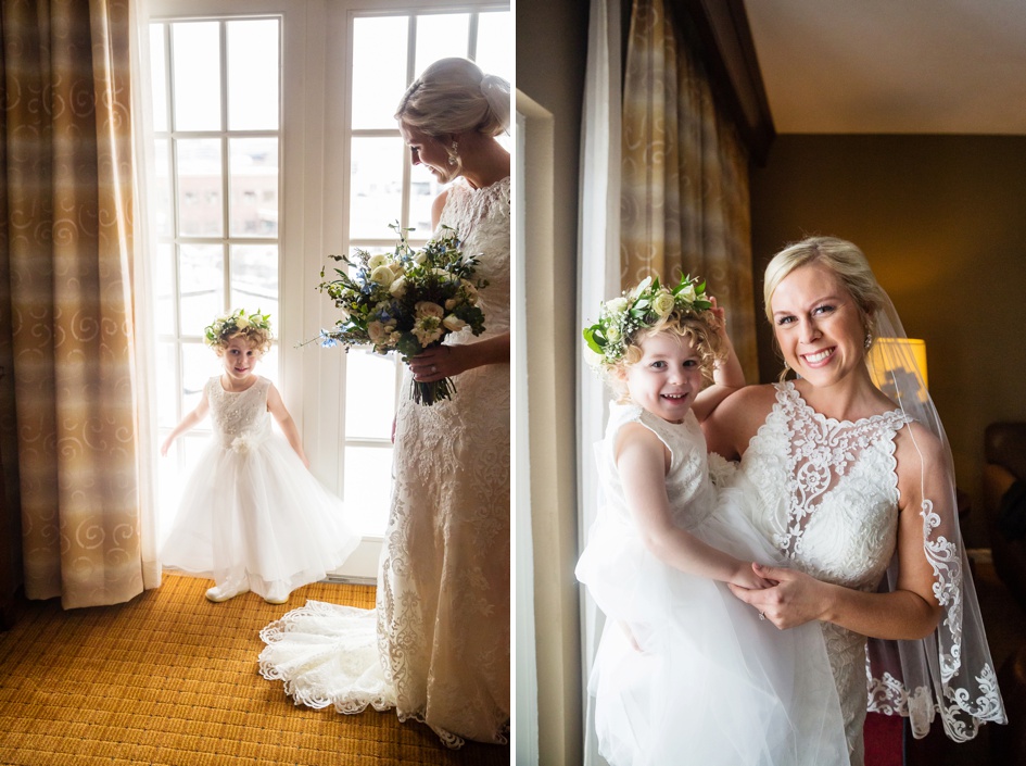 bride and flower girl candids