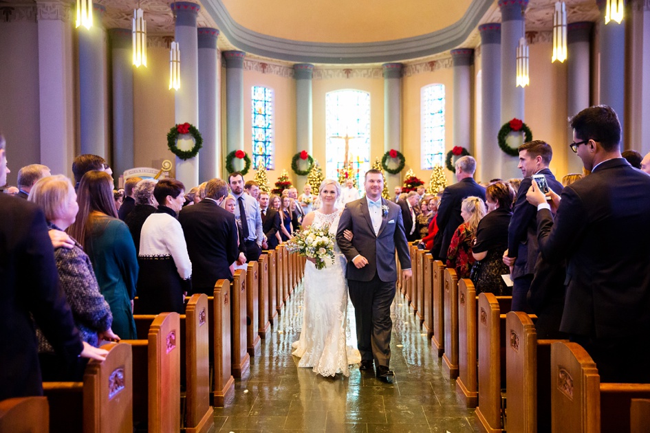christmas themed church wedding ceremony recessional