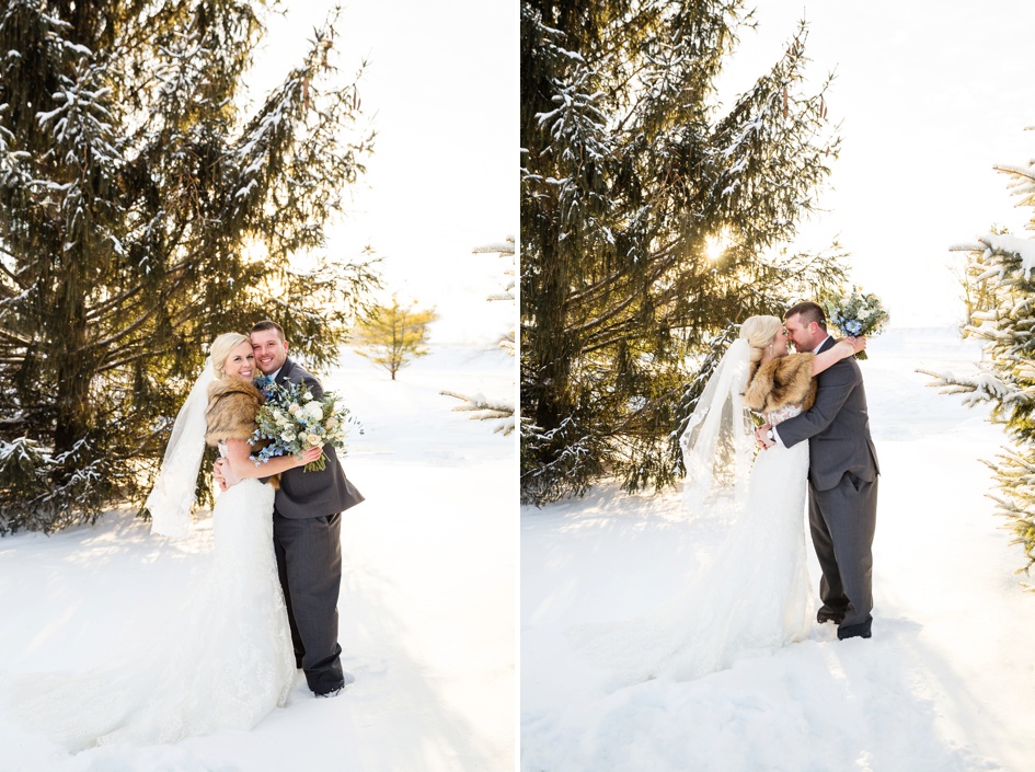 bride and groom portraits in snowy winter wedding 