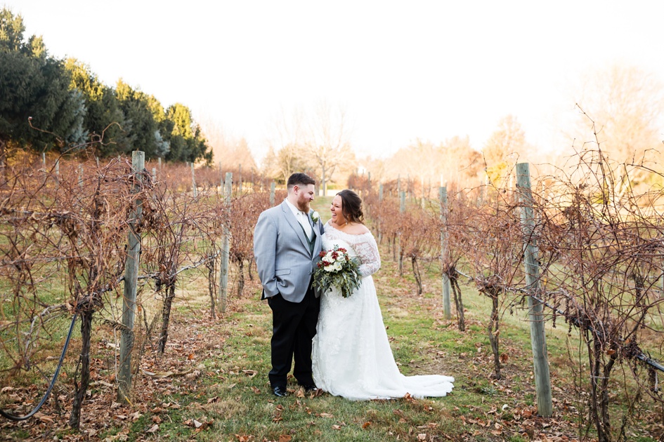 bride and groom portraits in vineyard in winter