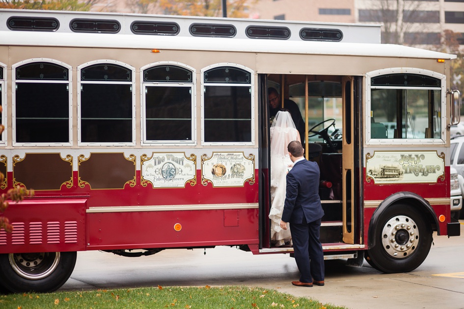 Central Illinois wedding ceremony exit to trolley