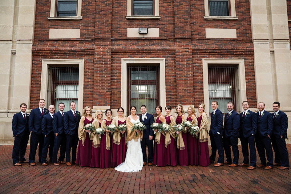 burgundy and navy wedding industrial city bridal party photos