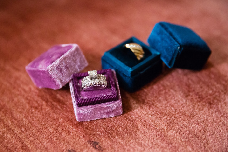 purple and blue wedding ring boxes