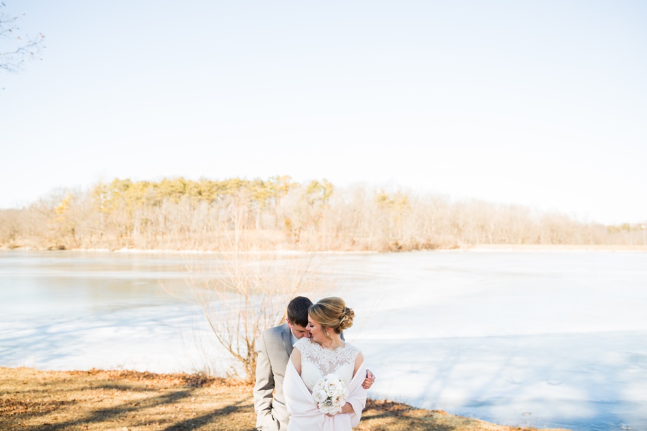 bride and groom winter lake portraits