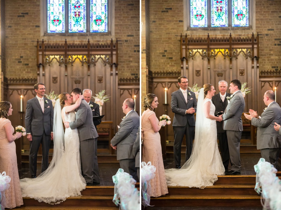 wooden arch church wedding ceremony kiss