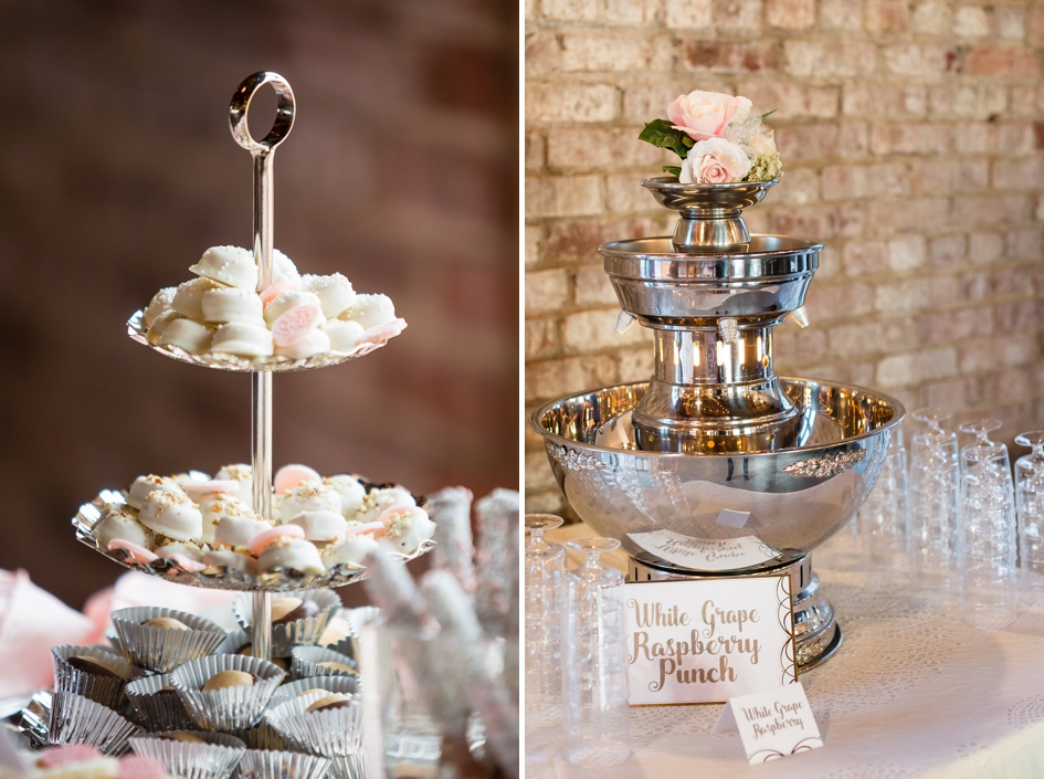 Plush pink and silver winter wedding reception details