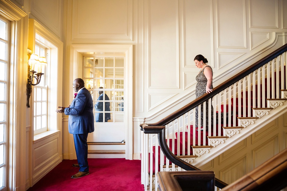 Allerton Park Wedding First Look on Staircase