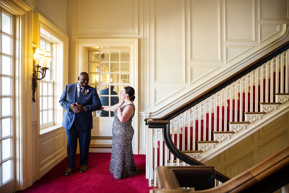 Allerton Park Wedding First Look on Staircase