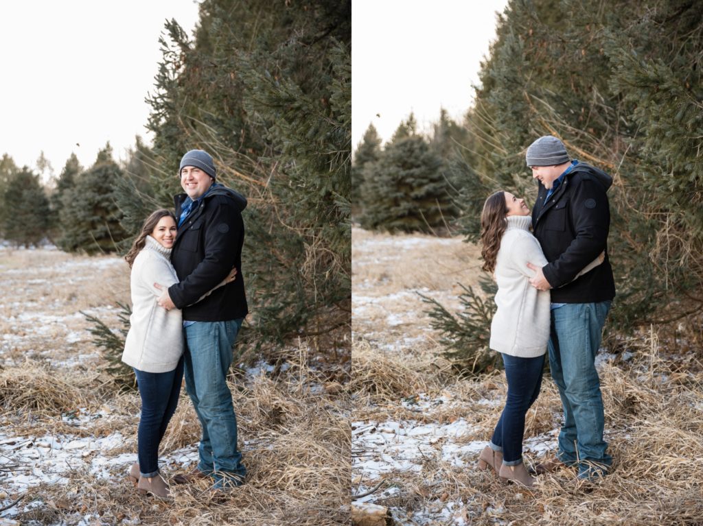 Bloomington IL winter engagement session, Central Illinois engagement photographer, winter engagement, snowy engagement photos, what to wear for a winter engagement, pine tree engagement photos