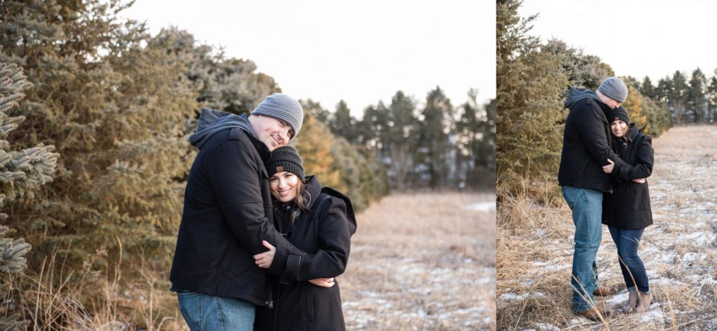 Bloomington IL winter engagement session, Central Illinois engagement photographer, winter engagement, snowy engagement photos, what to wear for a winter engagement, pine tree engagement photos, couple's portraits, engaged couple