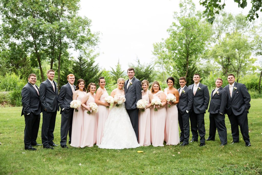 Bloomington IL wedding photographer, Central Illinois wedding photographer, Peoria IL wedding photographer, Champaign IL wedding photographer, pink and grey wedding colors, wedding party in a field, bridal party in a field