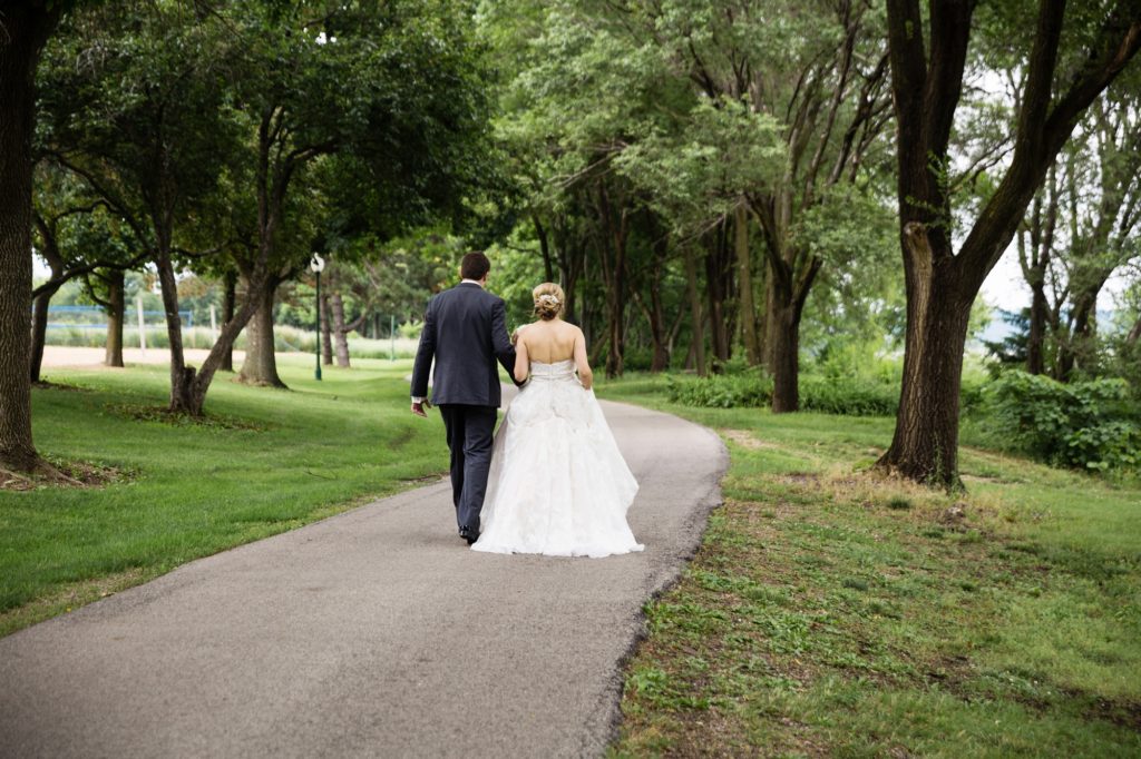 Bloomington IL wedding photographer, Central Illinois wedding photographer, Peoria IL wedding photographer, Champaign IL wedding photographer, pink and grey wedding colors, bride and groom portraits, bride and groom walking on a path
