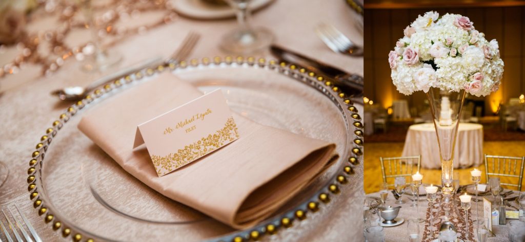 Bloomington IL wedding photographer, Central Illinois wedding photographer, Peoria IL wedding photographer, Champaign IL wedding photographer, pink and grey wedding colors, pink gold and champagne wedding reception details, gold flourish wedding name card
