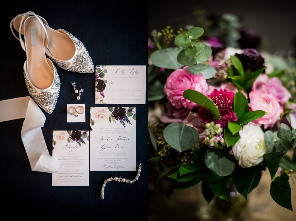 Bloomington IL wedding photographer, Central Illinois wedding photographer, Peoria IL wedding photographer, Champaign IL wedding photographer, pink and purple wedding colors, pink and purple wedding bouquet, crystal wedding shoes and wedding stationery details