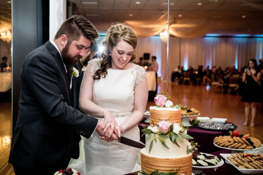 Bloomington IL wedding photographer, Central Illinois wedding photographer, Peoria IL wedding photographer, Champaign IL wedding photographer, pink and purple wedding colors, wedding reception details, cake cutting