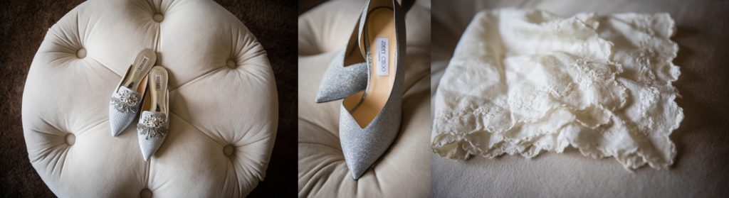 Bloomington IL wedding photographer, Central Illinois wedding photographer, Peoria IL wedding photographer, Champaign IL wedding photographer, winter wedding, black tie wedding, black white and red wedding colors, bridal details, jimmy choo wedding shoes, champagne and silver bridal shoes