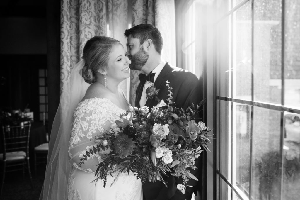Bloomington IL wedding photographer, Central Illinois wedding photographer, Peoria IL wedding photographer, Champaign IL wedding photographer, winter wedding, black tie wedding, black white and red wedding colors, bride and groom portraits, indoor bridal portraits, indoor wedding couples portraits