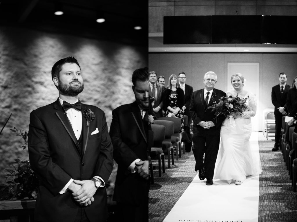 Bloomington IL wedding photographer, Central Illinois wedding photographer, Peoria IL wedding photographer, Champaign IL wedding photographer, winter wedding, black tie wedding, black white and red wedding colors, church wedding ceremony, bride walking down the aisle, grooms face