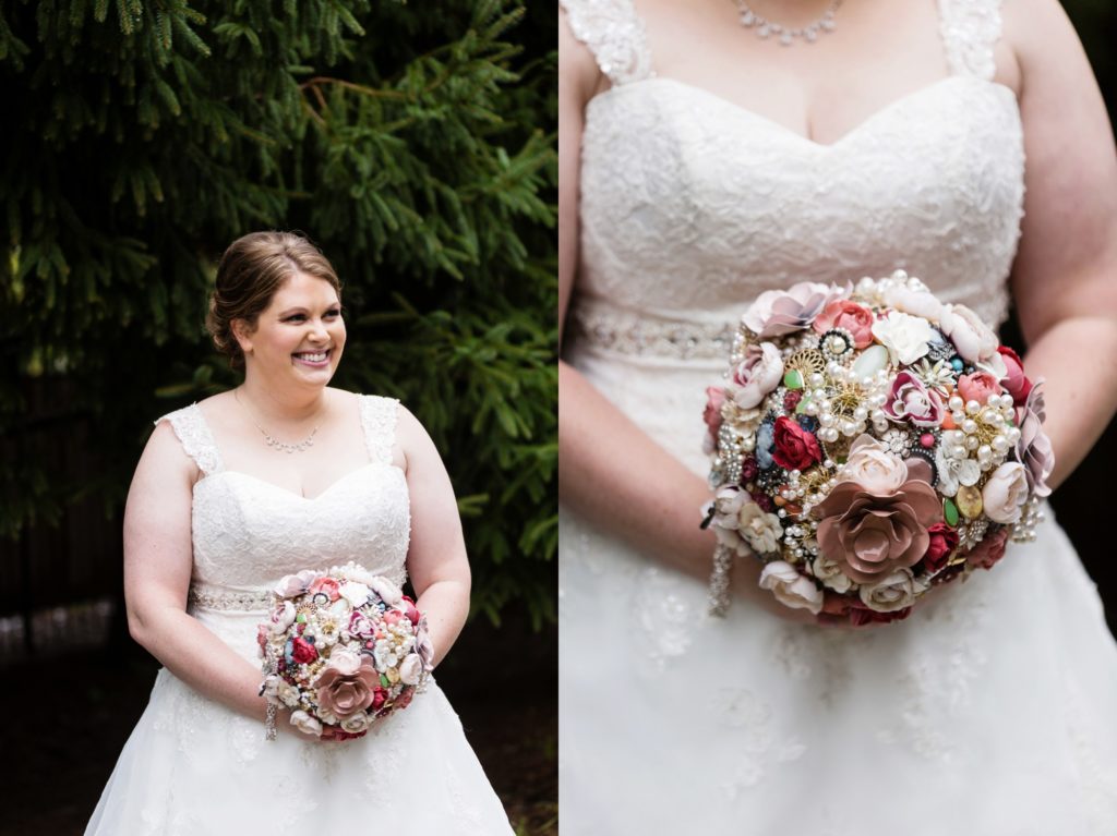 Bloomington IL wedding photographer, Central Illinois wedding photographer, Peoria IL wedding photographer, Champaign IL wedding photographer, champagne and black wedding colors, romantic vintage inspired wedding, wedding bouquet and pins, brooch wedding bouquet