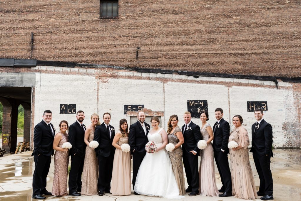 Bloomington IL wedding photographer, Central Illinois wedding photographer, Peoria IL wedding photographer, Champaign IL wedding photographer, champagne and black wedding colors, romantic vintage inspired wedding, broach wedding bouquet, wedding party, bridal party, industrial wedding party portraits
