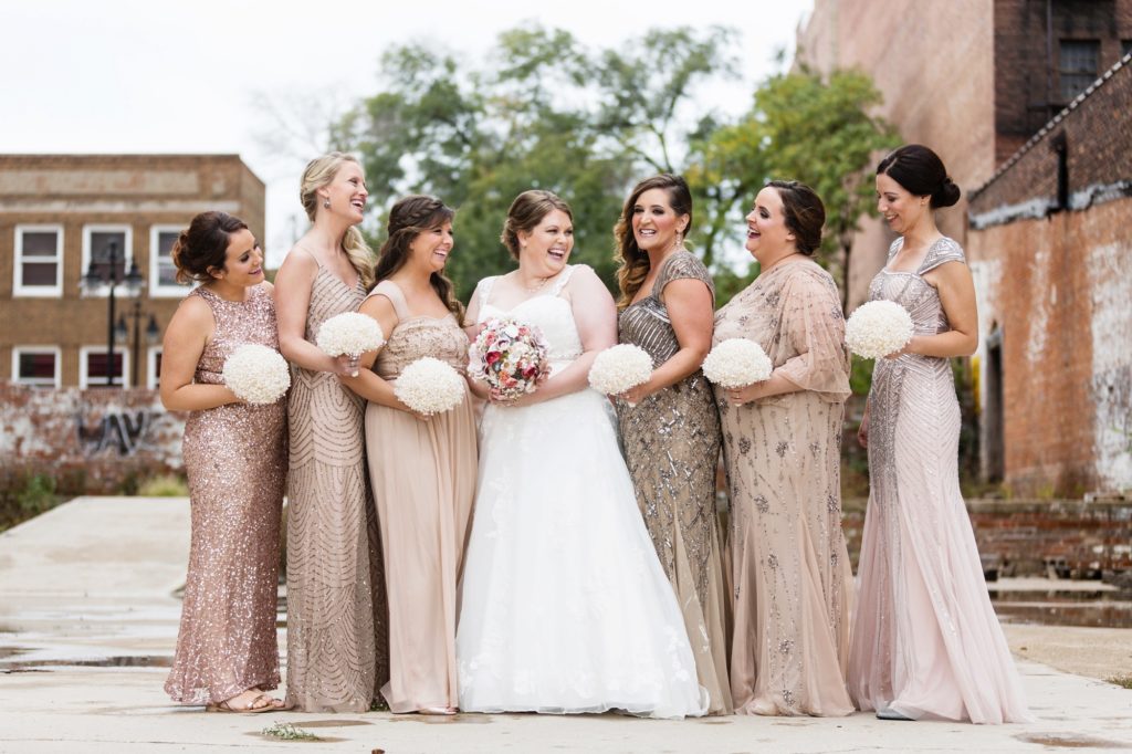 Bloomington IL wedding photographer, Central Illinois wedding photographer, Peoria IL wedding photographer, Champaign IL wedding photographer, champagne and black wedding colors, romantic vintage inspired wedding, broach wedding bouquet, wedding party, bridal party, industrial wedding party portraits